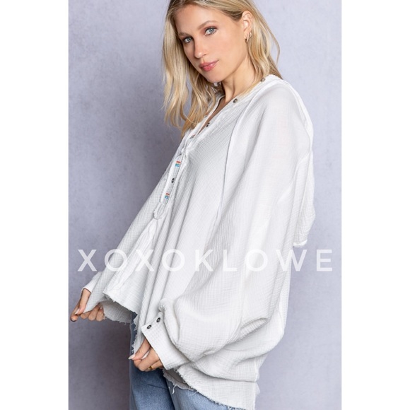 POL Off White Cotton Half Button Long Sleeve Hoodie Top Oversized - Picture 5 of 10